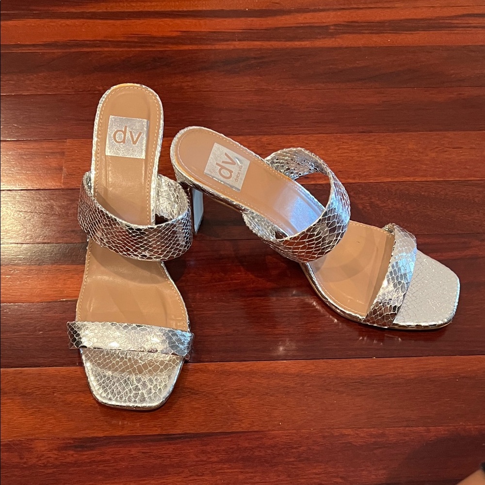DV by Dolce Vita Silver Snake-Embossed Double Strap Slide Heels